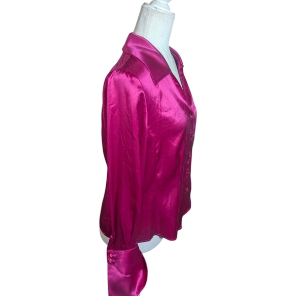 luxury Silk Blouse Elegant Barbiecore Classic Pink Button Up Sz 12 - Picture 6 of 8